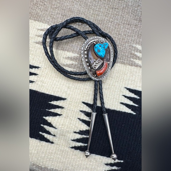 Sam Begay Navajo Native American Sterling Silver Turquoise Coral Bolo Tie - Picture 3 of 9
